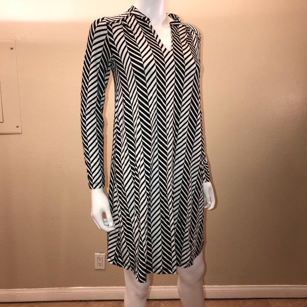 Honigman Long Sleeve Mini Dress Size 0 XS Black Grey Herringbone Zigzag Eclectic
